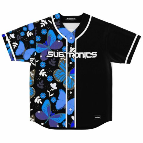 Blue butterfly print rave baseball jersey with bass-inspired text across black front panel
