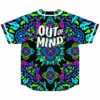 Black baseball jersey with symmetrical neon mandala print and Out of Mind lettering, back view