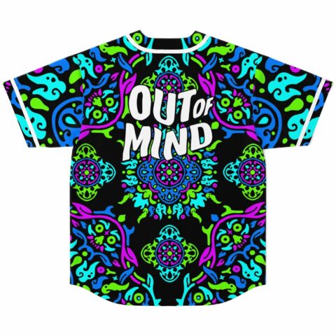 Black baseball jersey with symmetrical neon mandala print and Out of Mind lettering, back view