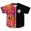 Hot pink liquid marbled rave baseball jersey with black split panel and monkey logo, flat