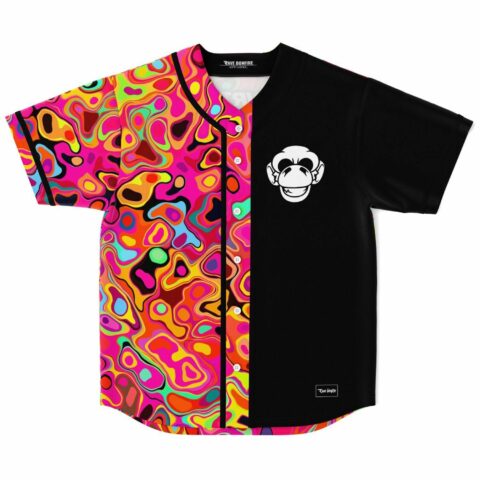 Hot pink liquid marbled rave baseball jersey with black split panel and monkey logo, flat