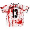Blood splatter baseball jersey back view reading Zombie Killer number 13