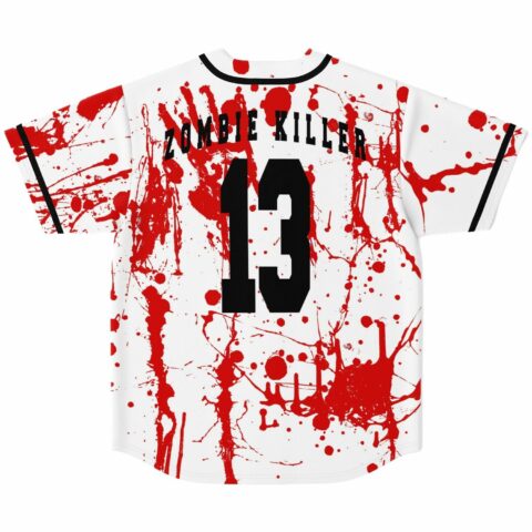 Blood splatter baseball jersey back view reading Zombie Killer number 13