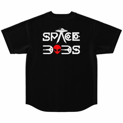 Space Bobs alien and UFO graphic on black rave baseball jersey back view