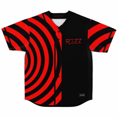Black jersey front with red spiral swirl panel and bass-inspired R3ZZ logo