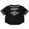 Back of the black Slander fan rave crop top with SLANDER text and the diamond eye emblem