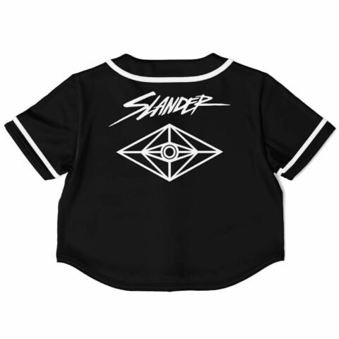 SLANDER text and diamond eye emblem back print on black cropped baseball jersey