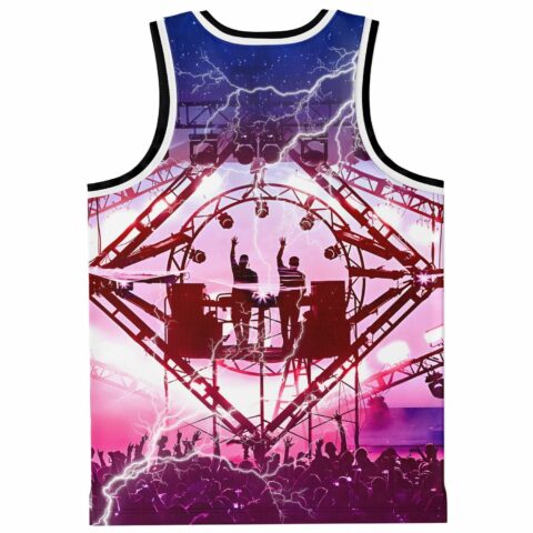 Back view of DJ silhouette stage design framed by heart-shaped truss and lightning bolts