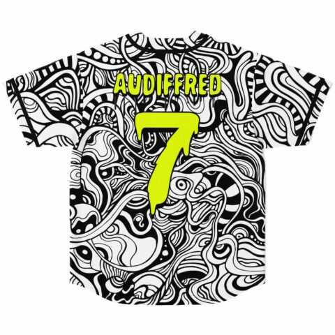 back view of dense psychedelic swirl jersey with dripping AUDIFFRED 7 in neon yellow
