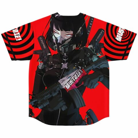 Back view of red jersey featuring cyberpunk anime gas mask girl gripping assault rifle graphic