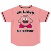Pink baseball jersey back with wide-eyed cartoon puffball and Oh Lawd He Kirbin text
