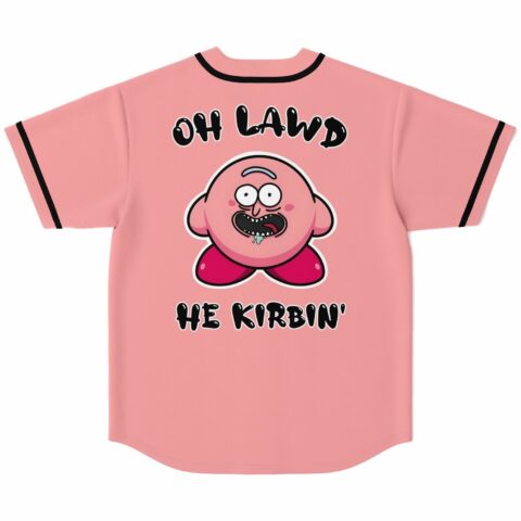 Pink baseball jersey back with wide-eyed cartoon puffball and Oh Lawd He Kirbin text
