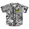 black and white psychedelic swirl baseball jersey with neon yellow eyeball A patch front view