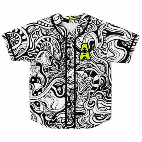 black and white psychedelic swirl baseball jersey with neon yellow eyeball A patch front view