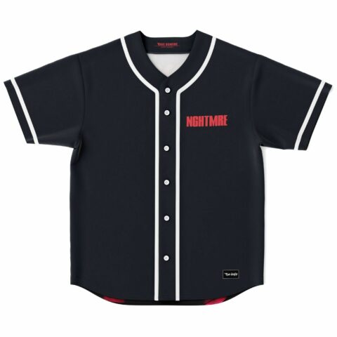 Navy rave baseball jersey with red NGHTMRE text and white piping, front flat lay