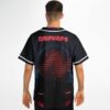 Male model showing back print of glowing red orb design and DRMVRSE lettering
