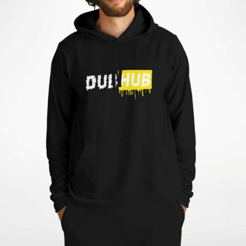 Dub Hub dripping logo print in white and yellow on black rave hoodie front view