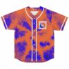 Orange and blue tie-dye rave baseball jersey with swirl chest patch, front flat lay