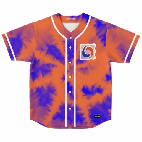 Orange and blue tie-dye baseball jersey with swirl chest patch, flat lay