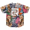 Back view of Japanese irezumi baseball jersey showing koi fish waves and tiger mask design