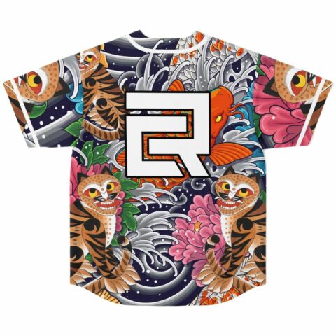 Back view of Japanese irezumi baseball jersey showing koi fish waves and tiger mask design