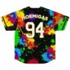 Back of paint splatter rave jersey with HOEMIGAS 94 printed in bold letters