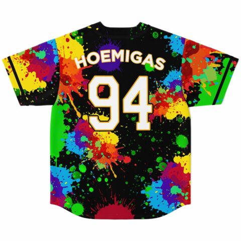 Back of paint splatter rave jersey with HOEMIGAS 94 printed in bold letters