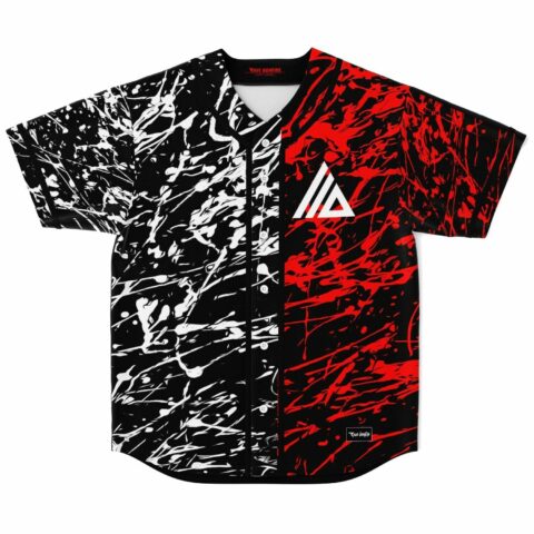 Split black white and red paint splatter rave baseball jersey front view with triangle logo