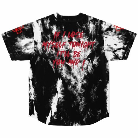 back view of tie dye jersey with red lyric text if I lose myself tonight