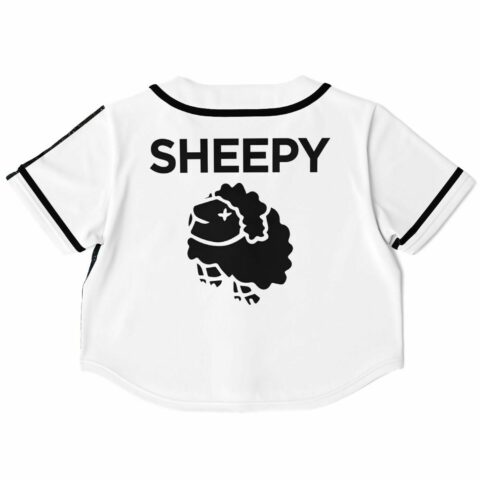 White crop top jersey featuring bold sheep graphic and text.