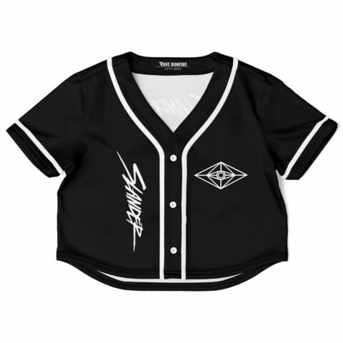 Black cropped baseball jersey with SLANDER chest text and white diamond eye logo, front view