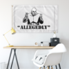 allegedly rave flag hung above desk showing bald cartoon figure with air quotes design