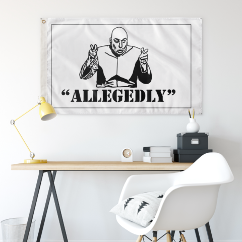 allegedly rave flag hung above desk showing bald cartoon figure with air quotes design