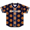 Navy blue rave baseball jersey with repeating orange flower pattern flat lay front view