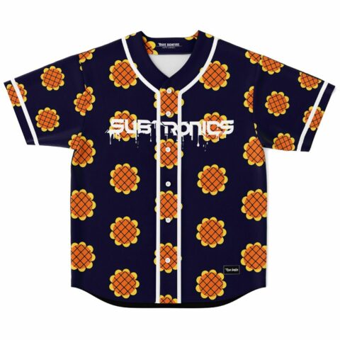 Navy blue rave baseball jersey with repeating orange flower pattern flat lay front view