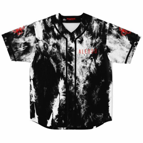 black and white tie dye baseball jersey with red Alesso text front view