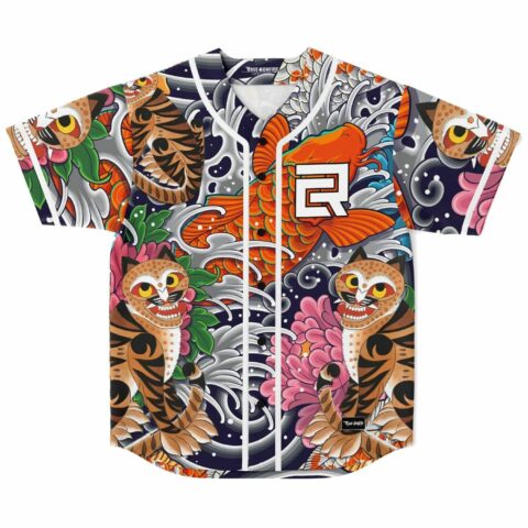 Japanese irezumi rave baseball jersey with koi fish and tiger mask print, front view