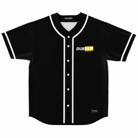 Black baseball jersey with dripping Dub Hub logo on chest, front view flat lay