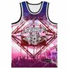 Front view of lightning stage rave jersey with diamond eye logo and Slander script text