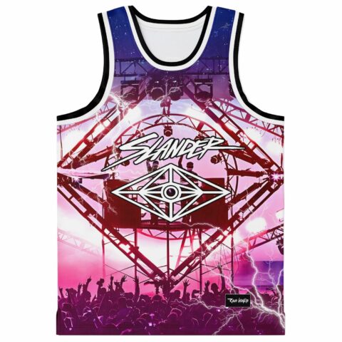 Front view of lightning stage rave jersey with diamond eye logo and Slander script text