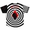 Concentric spiral rave jersey back view with red R3ZZ text and diamond silhouette graphic