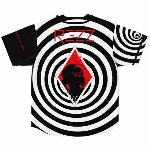 Concentric spiral rave jersey back view with red R3ZZ text and diamond silhouette graphic