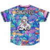 Back view of trippy mushroom print jersey with Boogie Trio text above black side stripes