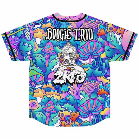Back view of trippy mushroom print jersey with Boogie Trio text above black side stripes