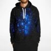 Front view of starry blue galaxy hoodie with drawstring hood and kangaroo pocket