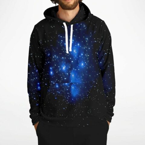Front view of starry blue galaxy hoodie with drawstring hood and kangaroo pocket