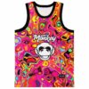 Front view of hot pink psychedelic liquid rave basketball jersey with Dirt Monkey logo