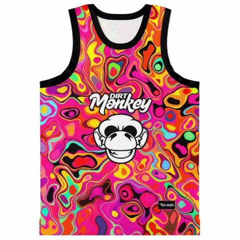 Front view of hot pink psychedelic liquid rave basketball jersey with Dirt Monkey logo