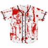 Blood splatter baseball jersey front view with Survival Crew pickaxe logo on white