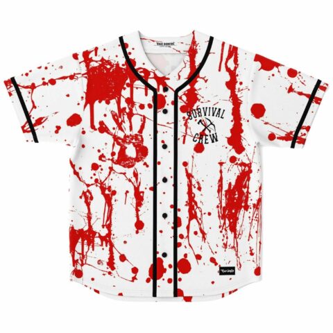 Blood splatter baseball jersey front view with Survival Crew pickaxe logo on white
